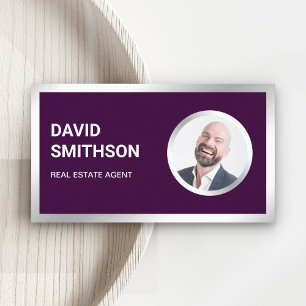 Dark Purple Steel Silver Photo Real Estate Agent Business Card
