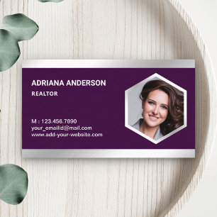 Dark Purple Steel Silver Real Estate Photo Realtor Business Card