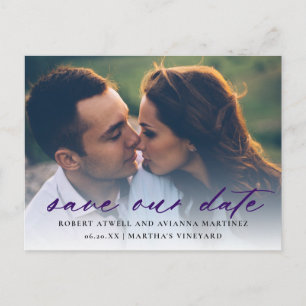 Dark Purple Text Photo Wedding Save the Date Announcement Postcard