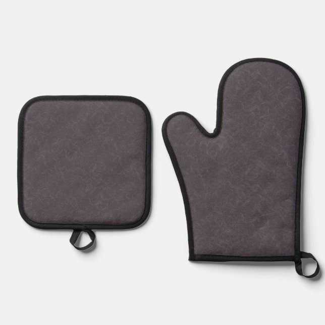 Dark purple textured surface swirling pattern oven mitt & pot holder set (Front)