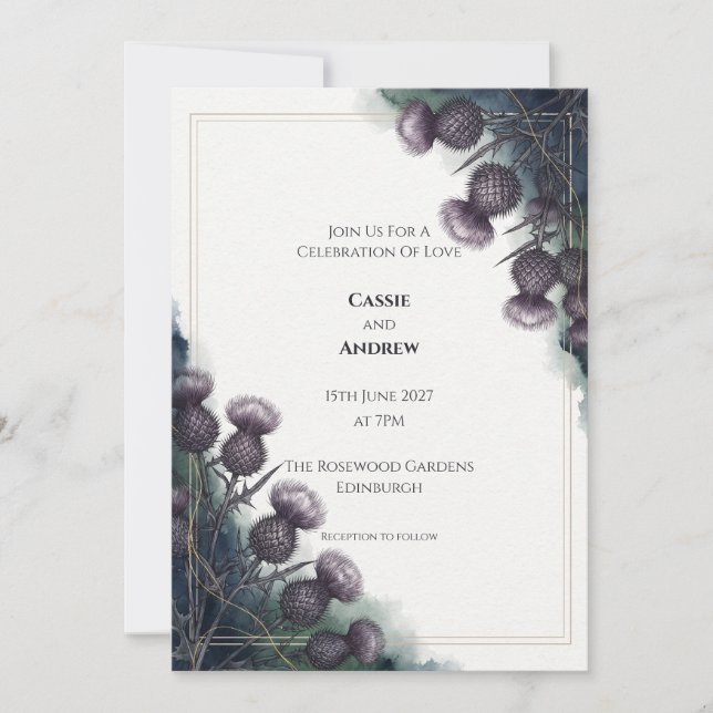 Dark Purple Thistle Wedding Invitation (Front)