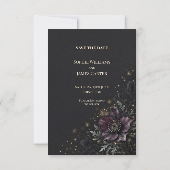 Dark Purple Thistle Wedding Save the Date (Front)
