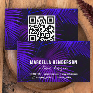 Dark Purple Tropical Palm Leaves Interior Designer Business Card