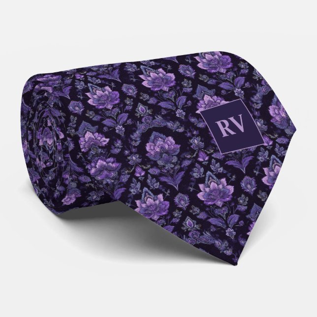 Dark Purple Victorian Floral Tie (Rolled)