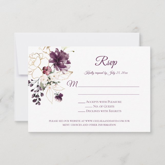 Dark Purple w/Gold Outline Roses Purple Back RSVP (Front)