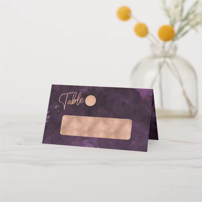 Dark Purple Watercolor & Rose Gold Table Number Place Card (Front)