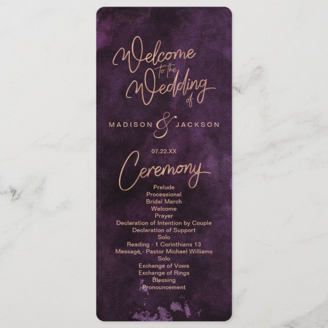 Dark Purple Watercolor Rose Gold Wedding Program Programme (Front)