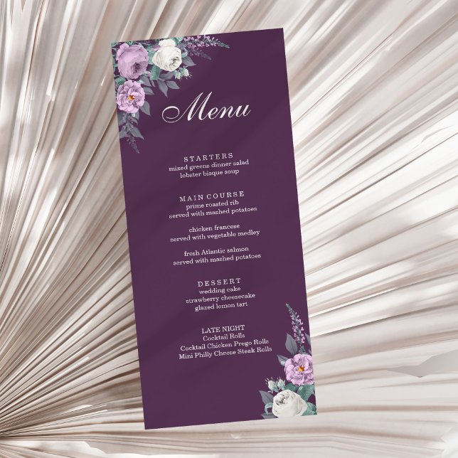 Dark Purple Wedding Menu Card (Dark Purple Wedding Menu Card on a sunny white dry palm leaf.)