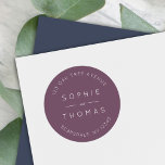 Dark Purple Wedding Return Address Modern Classic Round Sticker<br><div class="desc">This wedding return address sticker features the names of the wedding couple and address in white against a dark purple colour. Check out the matching wedding items here https://www.zazzle.com/collections/mauve_layered_geometric_dark_purple_wedding-119712420789591185 Personalise it by replacing the placeholder text. For more options such as to change the font, it's size and spacing between letters...</div>