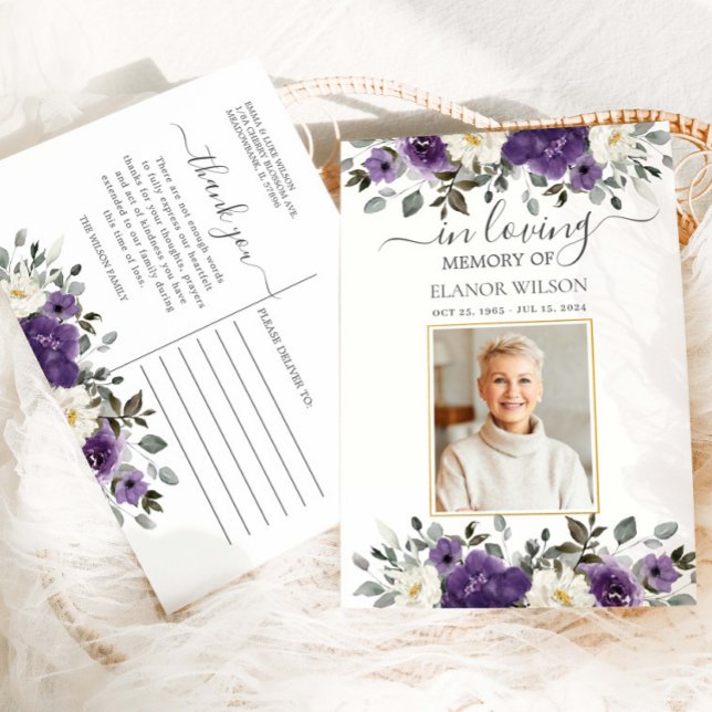 Dark Purple White Floral Photo Funeral Memorial Postcard (Creator Uploaded)