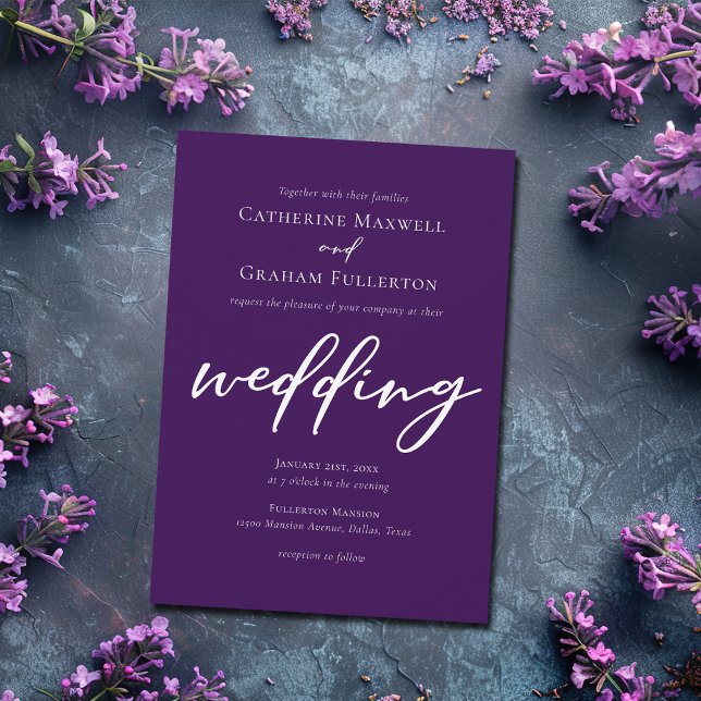 Dark Purple White Script Evening Wedding Invitation (Creator Uploaded)