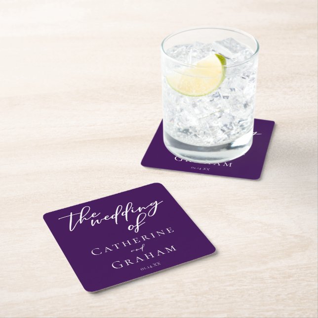 Dark Purple White Typography Wedding Square Paper Coaster (Insitu)