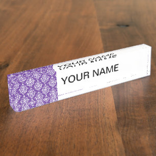 Dark Purple White Vintage Damask Pattern Nameplate