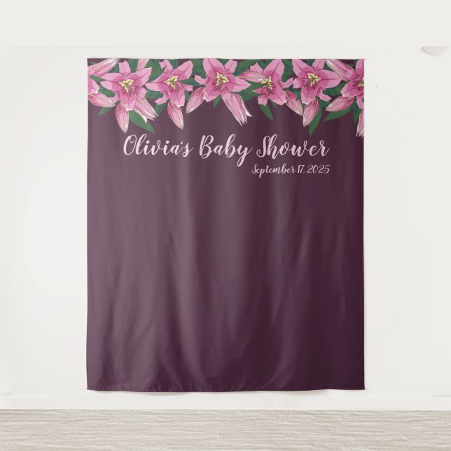 Dark Purple with Blooming Lilies Top Line Backdrop Tapestry (Front)