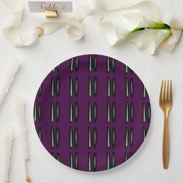 Dark purple with deep colours stripes paper plate (Wedding)