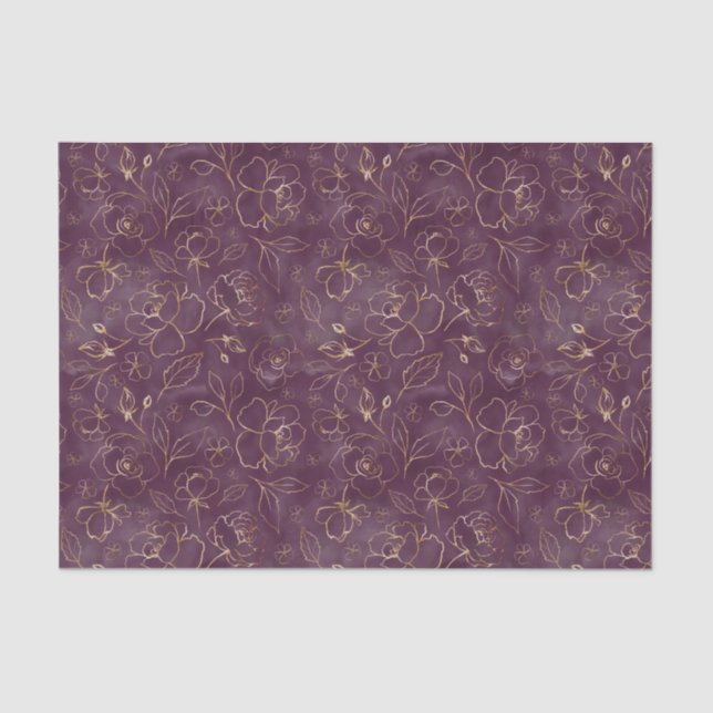 Dark Purple with Gold Sketched Roses Tissue Paper (Front)