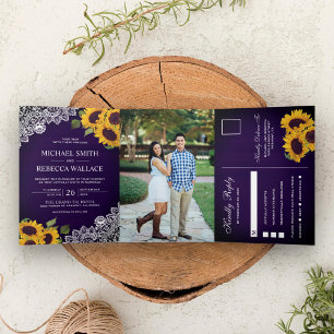 Dark Purple Wood Lace Sunflower Wedding Photo Tri-Fold Invitation