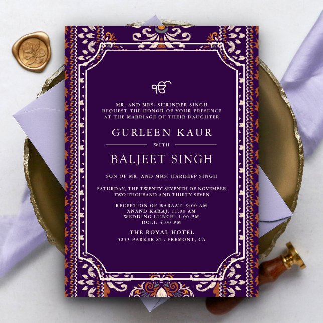 Dark Purple Yellow Ikat Anand Karaj Sikh Wedding Invitation (Creator Uploaded)