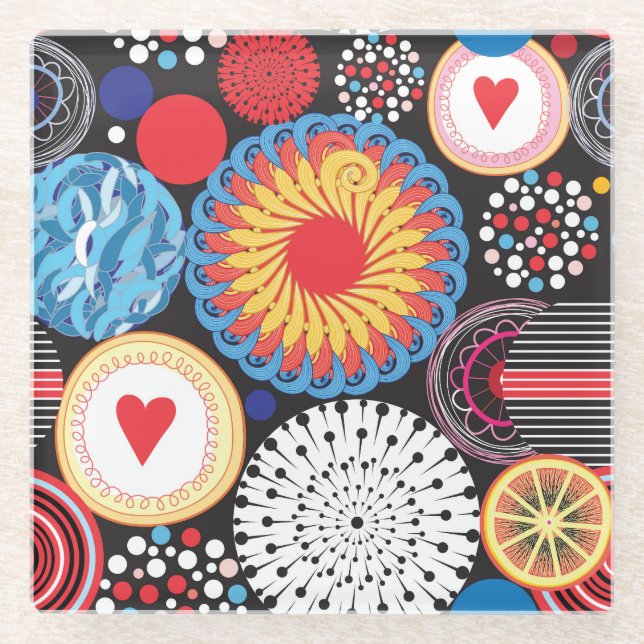 Dark Radiance: Bright Circular Pattern Glass Coaster (Front)