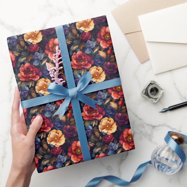 Dark Rainbow Floral on Black Wrapping Paper (Gifting)