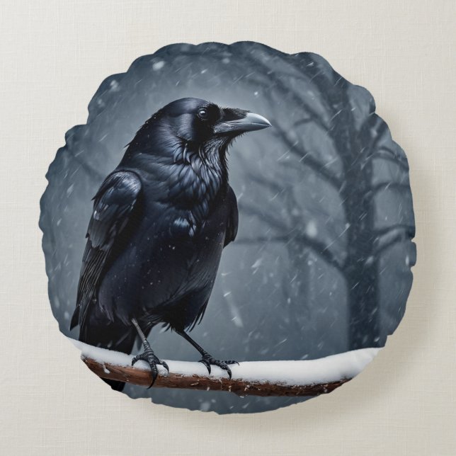 Dark Raven Black Bird Round Cushion (Front)