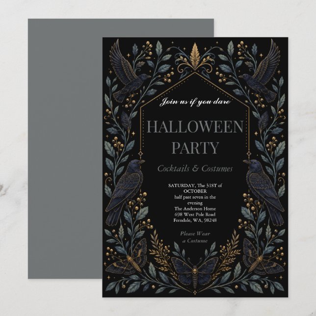 Dark Raven Gothic Halloween Party  Invitation (Front/Back)