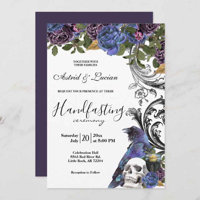 Dark Raven Purple Roses Handfasting Invitation (Front/Back)
