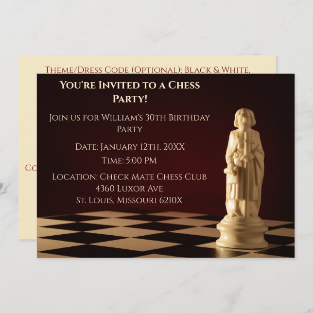 Dark Red 30th Birthday Party Chess Bishop  Invitation (Front/Back)