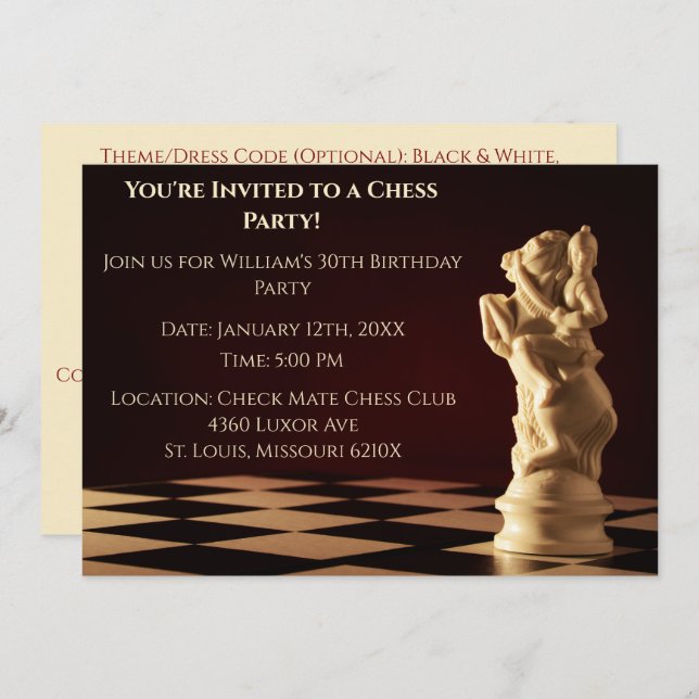 Dark Red 30th Birthday Party Chess Knight Invitation (Front/Back)