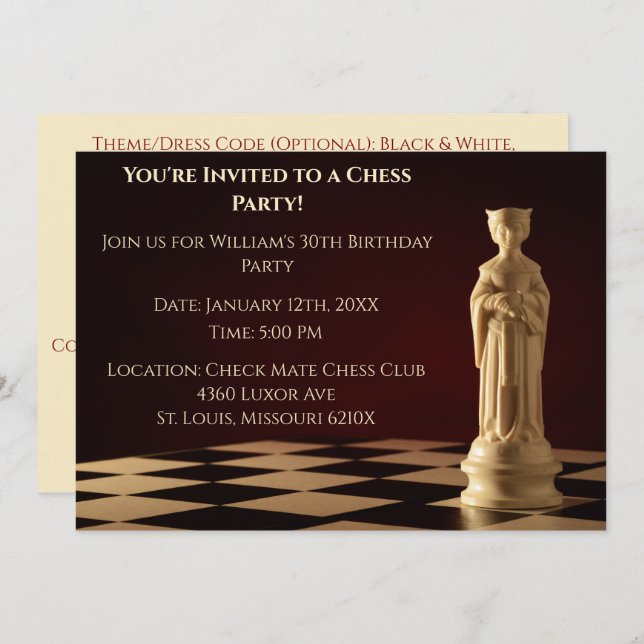 Dark Red 30th Birthday Party Chess Queen Invitation (Front/Back)