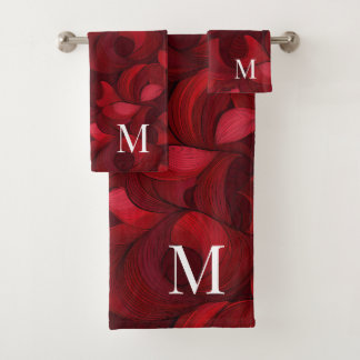 Dark Red Abstract Leaf Pattern Monogrammed Bath Towel Set