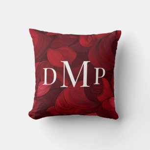 Dark Red Abstract Leaves Monogrammed Cushion