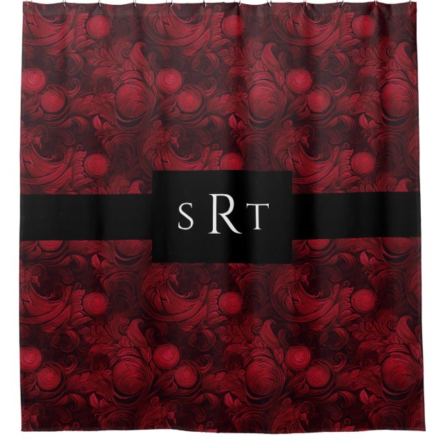 Dark Red Abstract Swirl Pattern Monogrammed Shower Curtain (Front)