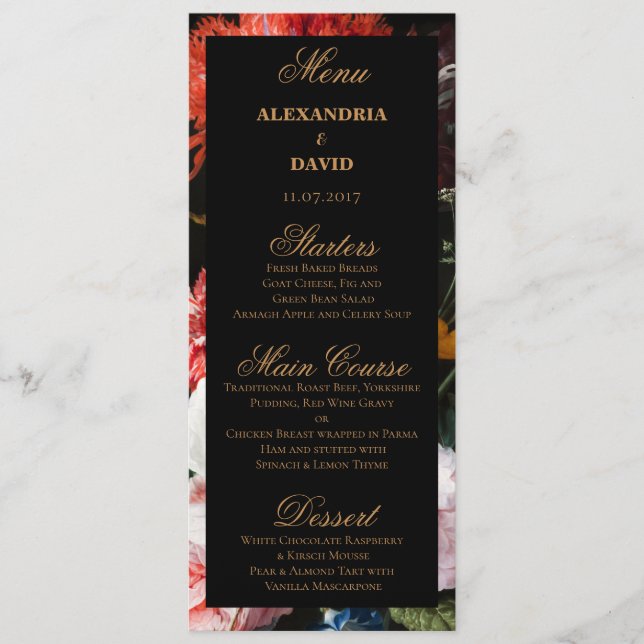 Dark Red and Black Floral Wedding Menu Card (Front)