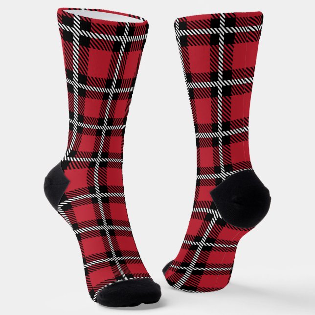 Dark Red and Black Tartan Plaid Pattern Socks (Angled)