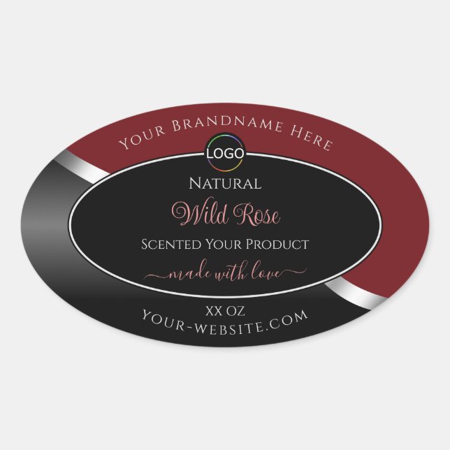 Dark Red and Black Wavy Silver Logo Product Labels (Front)