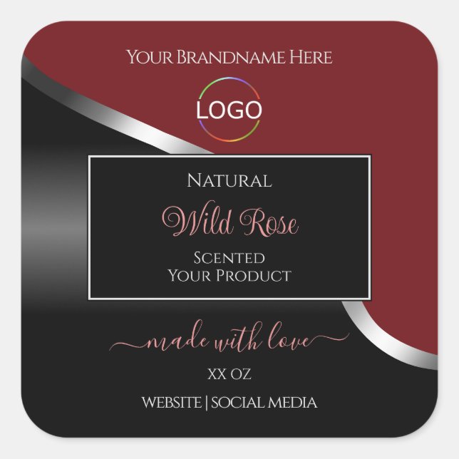 Dark Red and Black Wavy Silver Logo Product Labels (Front)