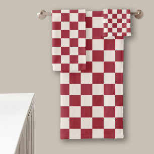 Dark Red and Cream Chequered Pattern Bath Towel Set