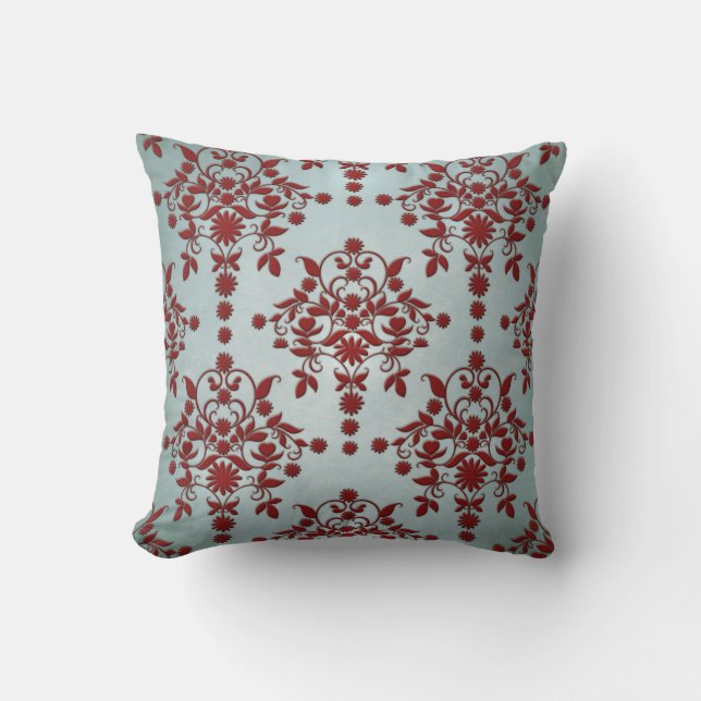 Dark Red and Dusty Light Teal Damask Pattern Cushion (Front)