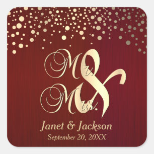 Dark Red and Gold Confetti Dots Square Sticker