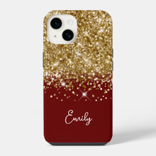 Dark Red and Gold Glitter Glam iPhone 14 Case