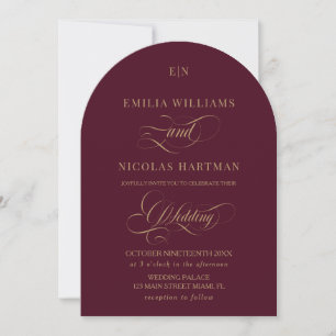 Dark Red and Gold Monogram Classic Wedding Invitation