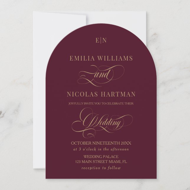 Dark Red and Gold Monogram Classic Wedding Invitation (Front)