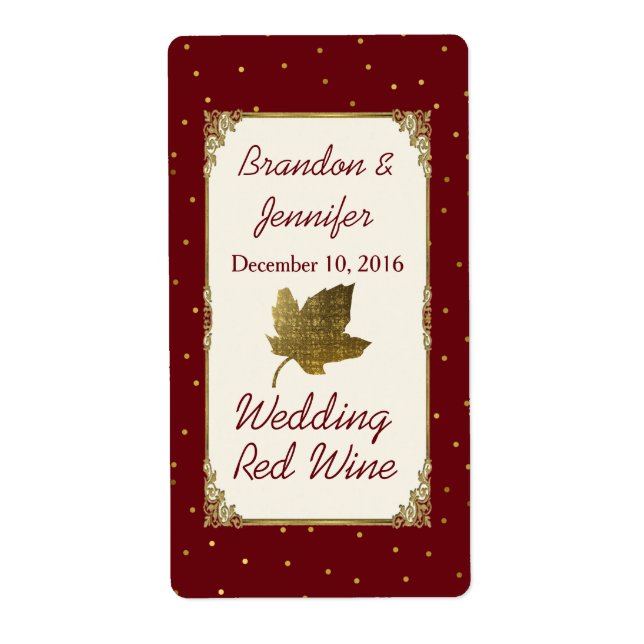 Dark Red and Golden Leaf Wedding Mini Wine Labels (Front)