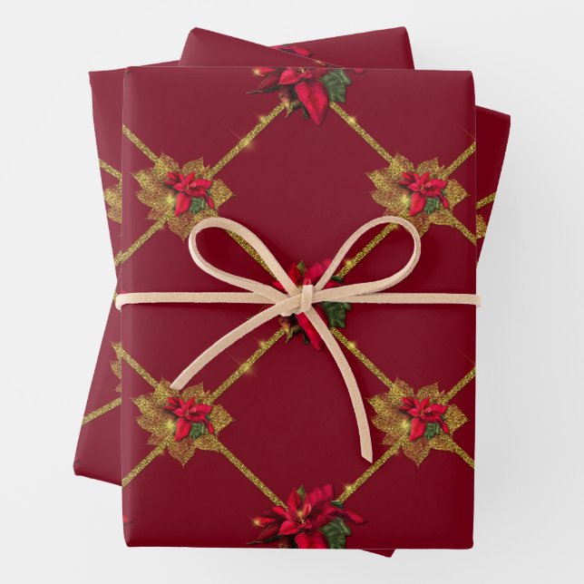 Dark Red and Green Gold Poinsettia Christmas  Wrapping Paper Sheet (In situ)