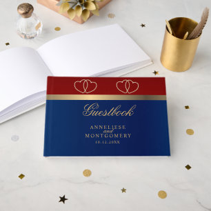 Dark Red and Navy Blue with Gold Hearts Guest Book