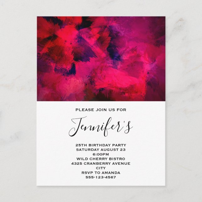 Dark Red and Purple Bold Modern Abstract Birthday Invitation Postcard (Front)