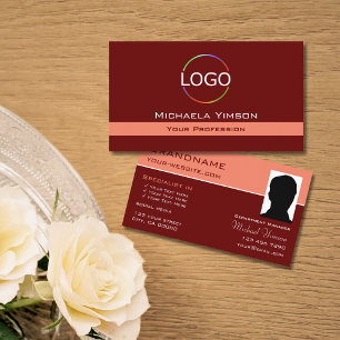 Dark Red and Salmon with Logo & Photo Professional Business Card