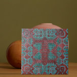 Dark Red And Teal Green Distressed Antique Tile<br><div class="desc">Unique original decorative tile design featuring teal green abstract ornaments on a dark red distressed background.</div>