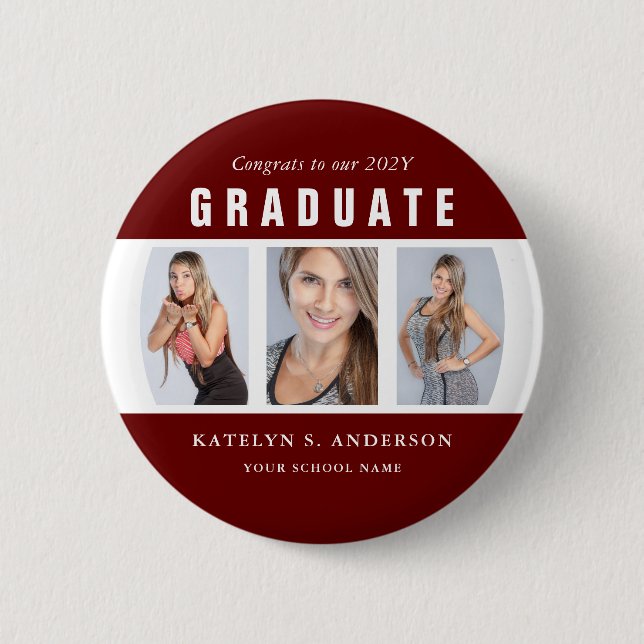 Dark Red and White Graduation Photo Collage Custom 6 Cm Round Badge (Front)